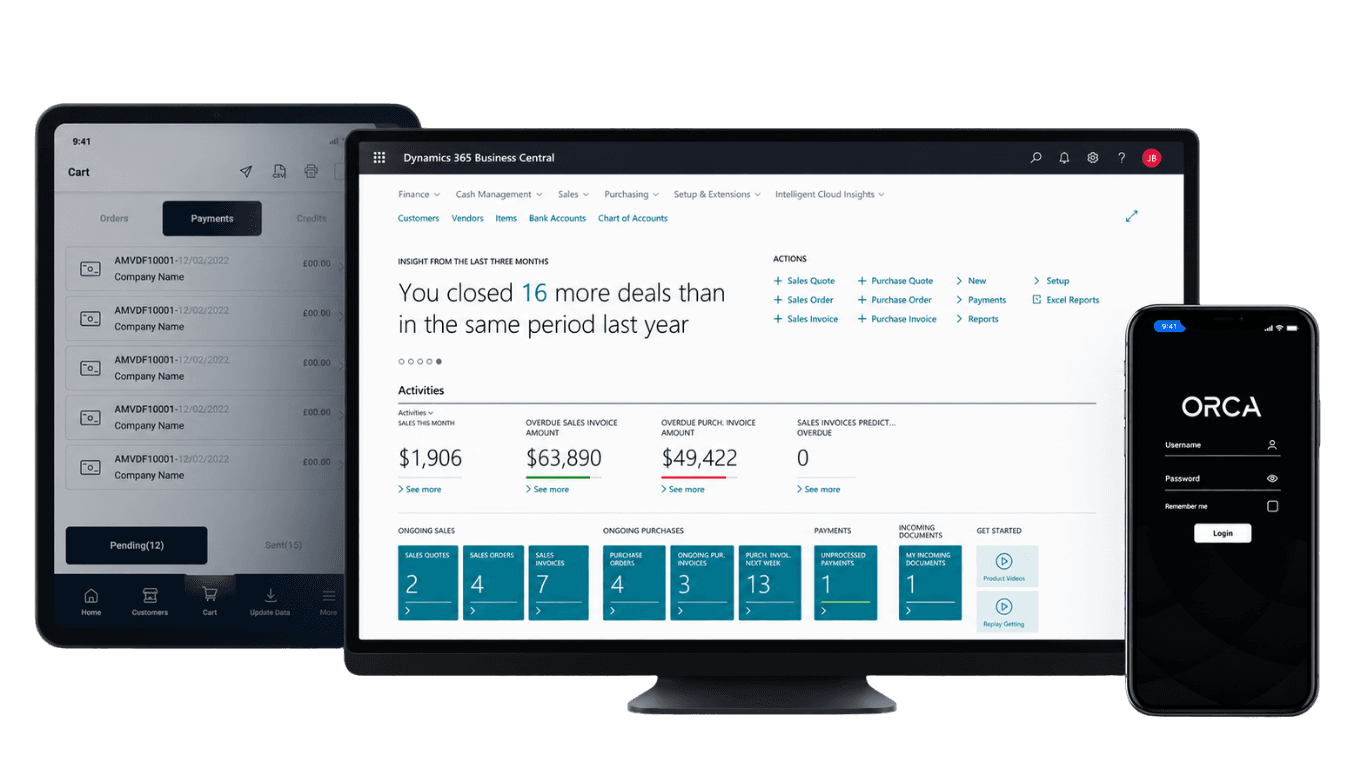 Microsoft Dynamics 365 Business Central ERP product showcase on laptop, tablet, and smartphone