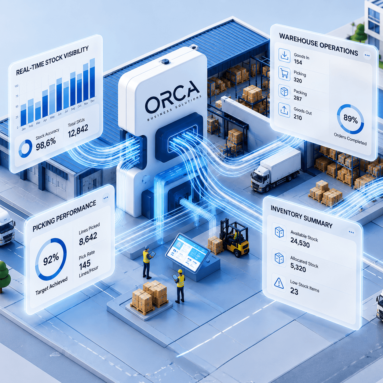 A clean 3D isometric illustration showing a digital ecosystem of interconnected business processes.