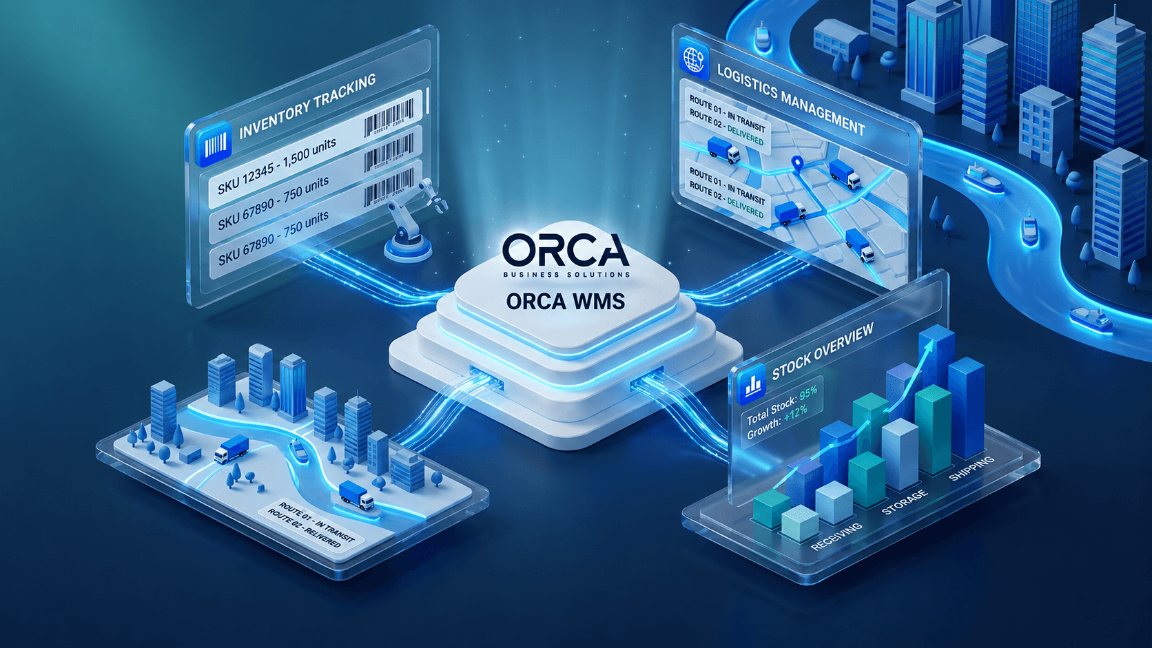 Orca WMS stock overview and logistics management illustration