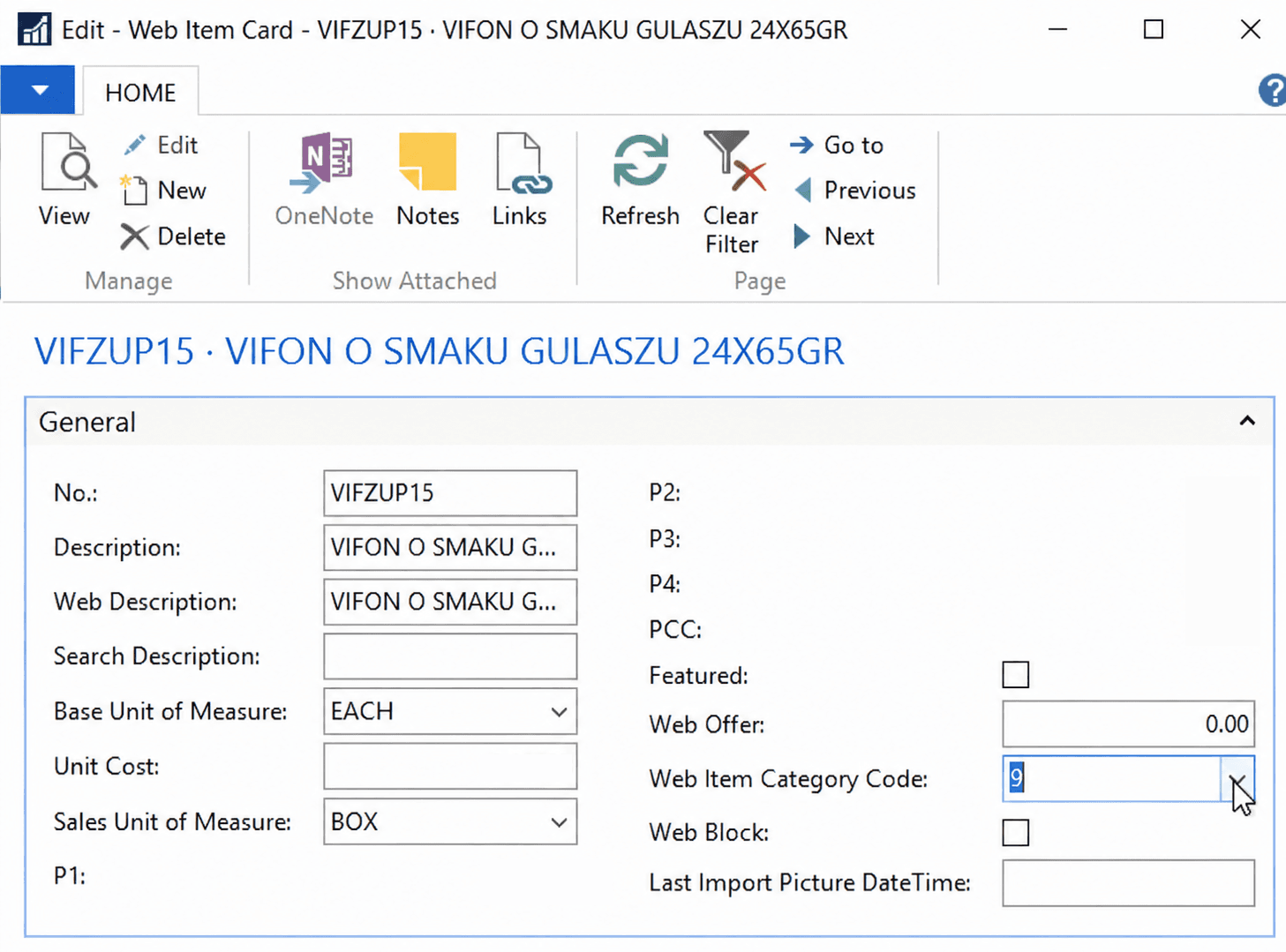 Web Item Card in Microsoft Dynamics NAV showing web description, units, pricing fields and category code