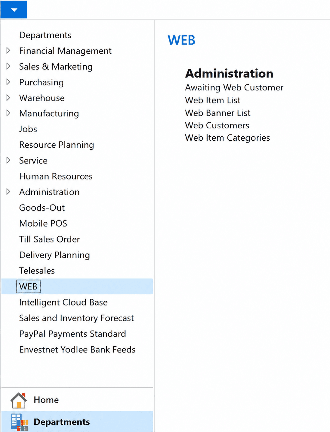 WEB menu inside Microsoft Dynamics NAV showing Orca Commerce web administration options